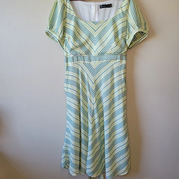 New York & Company Green Stripe Linen Blend Tie Waist Dress Womens Size  Large